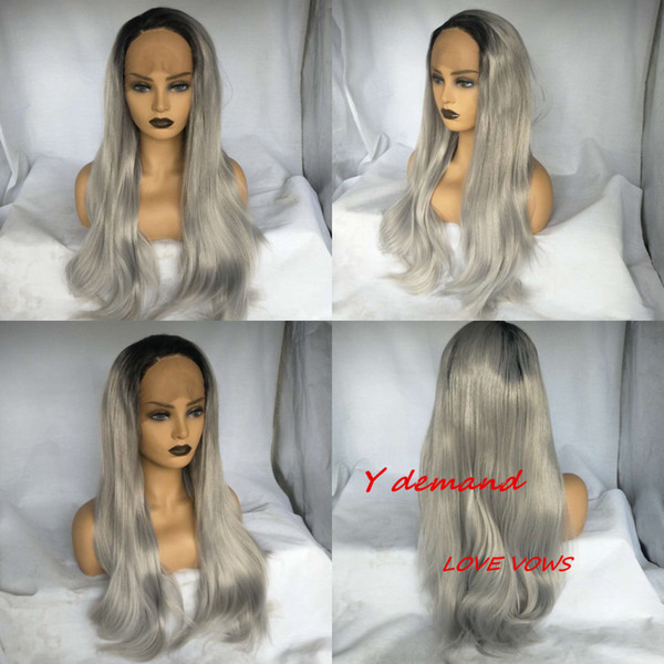 Hotselling 1B grey ombre wig long straight synthetic lace front wig heat resistant fiber wig for women