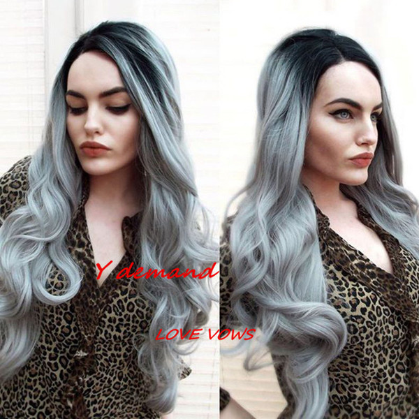 Wome Fashion Long Curly Wigs Ombre Grey natural Wig or Fake by the heat Proof Synthetic Wigs to Black African American Women