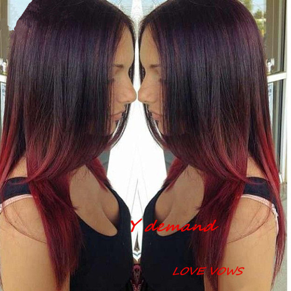 Ombre Long Red Wig Straight Middle Part Wigs for Women Synthetic Heat Resistant Wig Wine Red Brown Black Roots Full Wigs