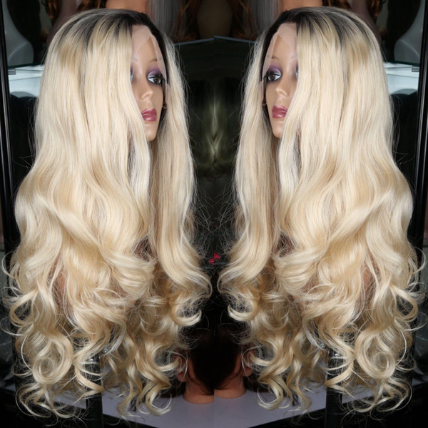 Sexy Ombre 1B/613# Blonde Long Wavy Middle Part Hairstyle Y demand Hot Soft Synthetic Lace Front Wig Can Heat&Permed