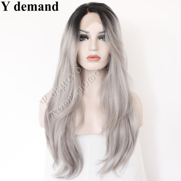 Synthetic Lace Front Wig 2 Tones Grey Silver Ombre Hand Tied Wavy Wigs Dark Roots Heat Resistant Fiber Hair Y demand