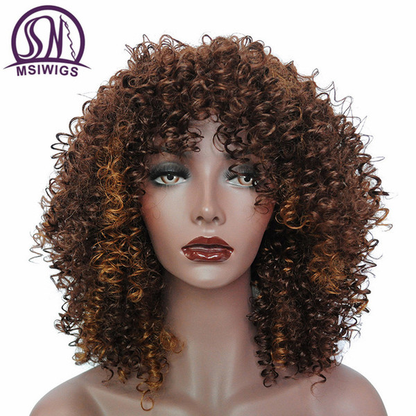 Ombre Short Curly Wigs for Black Women Brown Synthetic Afro Wig with Bangs Natural Full Heat Resistant Hair