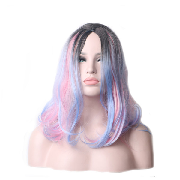 WoodFestival shoulder length wigs for women blue pink wavy synthetic wig black ombre party wig black roots