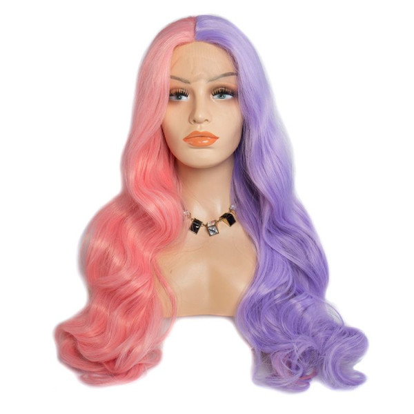 Modern Show Pink Purple Middle Part Long Wavy Synthetic Wig Cosplay Body Wave Lace Wigs For Women