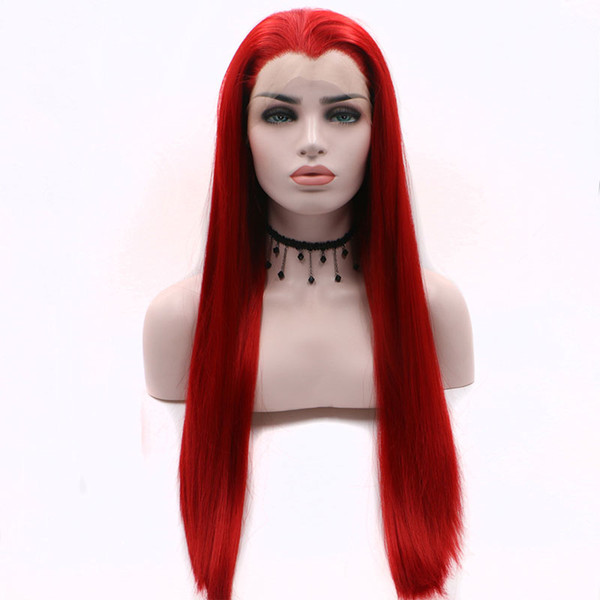 Red Synthetic Lace Front Wig Long Straight Glueless Synthetic Lace Wigs For Women Heat Resistant Fiber