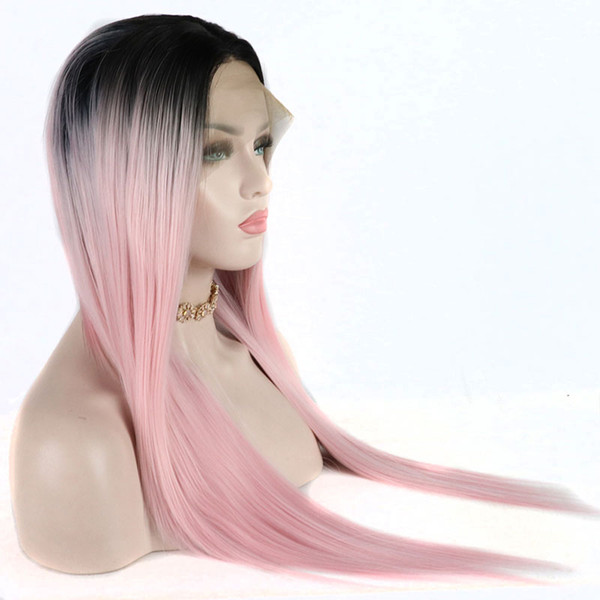 Synthetic Ombre Lace Front Wig Dark Roots Ombre Rose Gold White Pink Heat Resistant Fiber Straight Synthetic Wig Middle Partng For Women