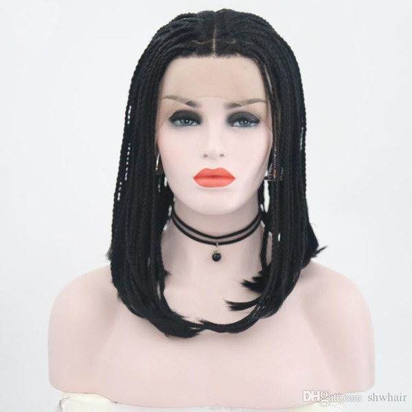 Braided Wigs For African American Women Short Bob Micro Box Braids Lacefront Wig Black Color Heat Resistant Braided Lace Front Synthetic Wig