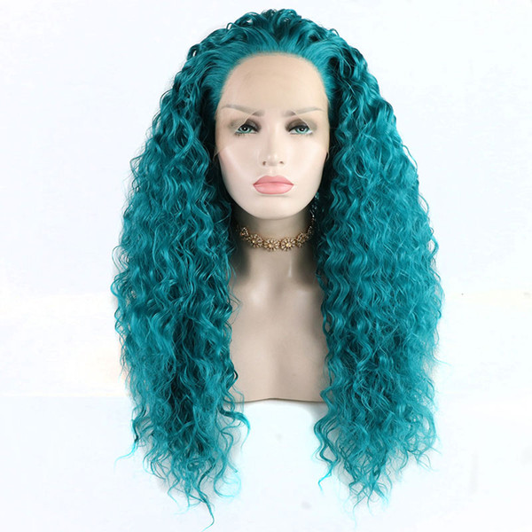 Synthetic Lace Wig With Baby Hair 180 Density Blue Bouncy Curly Heat Resistant Fiber Hand Tied Synthetic Wigs For Women