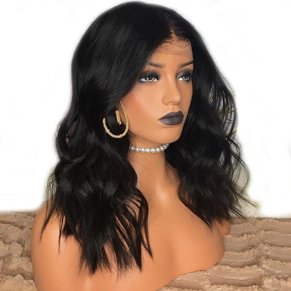 Synthetic Lace Wig With Baby Hair Black Short Bob Middle Parting Hand Made Body Wave Synthetic Wigs With Natural Hairline For Women