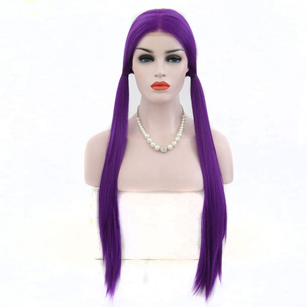 Synthetic Hair Lace Wig Purple Long Straight Hand Tied Synthetic Lace Front Wig High Temperature Fiber Hai Natural Hairline Middle Parting