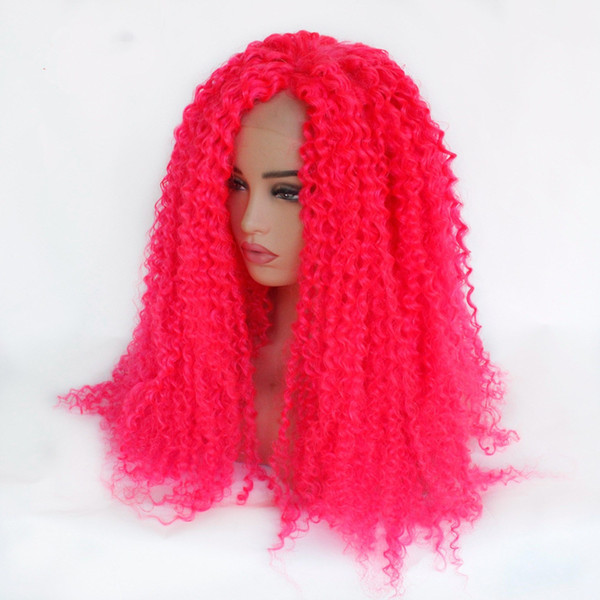 Long Pink Wig Heat Resistant Fiber Hair Synthetic Glueless Pink Kinky Curly Synthetic Lace Front Wigs For White Women