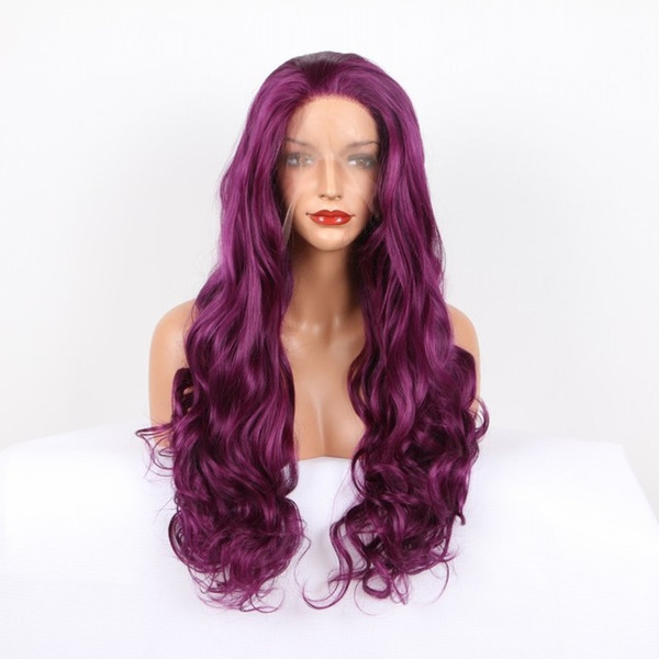 Lace Front Wigs Purple Dark Color Long Wavy Heat Resistant Fiber Hair Synthetic Lace Front Wig With Natural Hairline