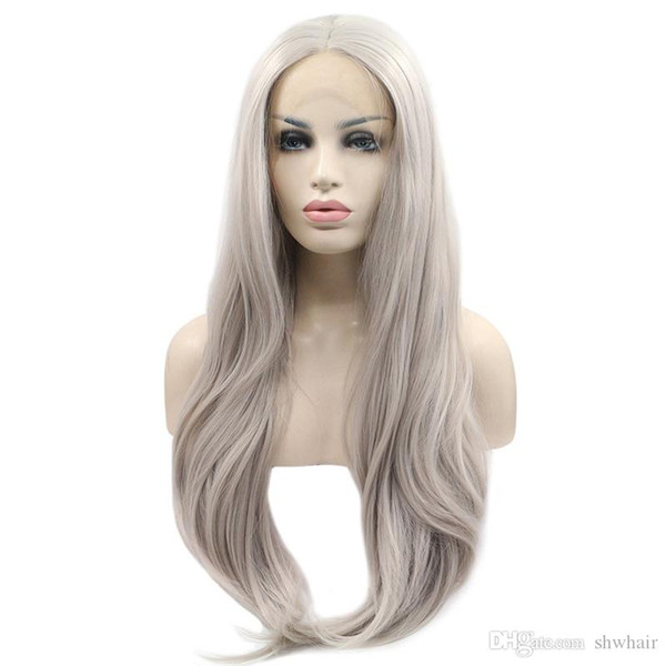 Synthetic Grey Wigs For White Women Long Straight Hand Tied Heat Resistant Glueless Color Silver Grey Synthetic Lace Front Wig