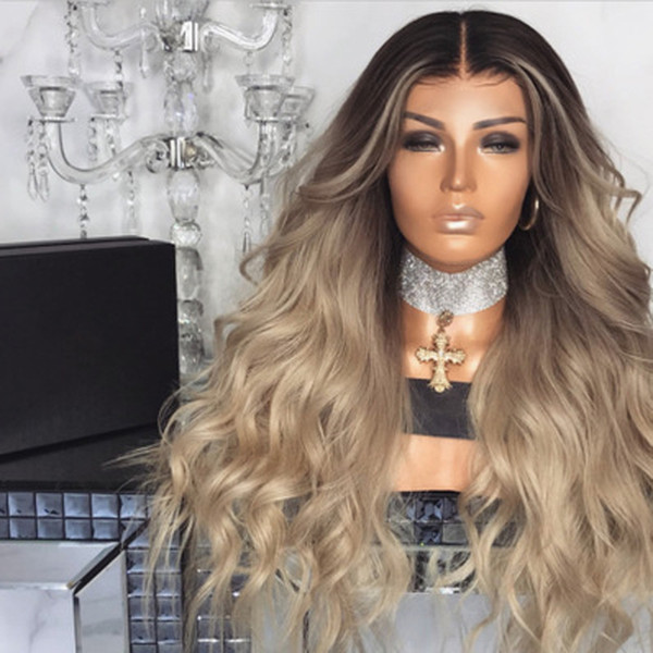 Synthetic Hair Wigs Ombre Blonde Dark Root Body Wave Glueless Heat Resistant Fiber Ombre Blonde Synthetic None Lace Wig For Black Women