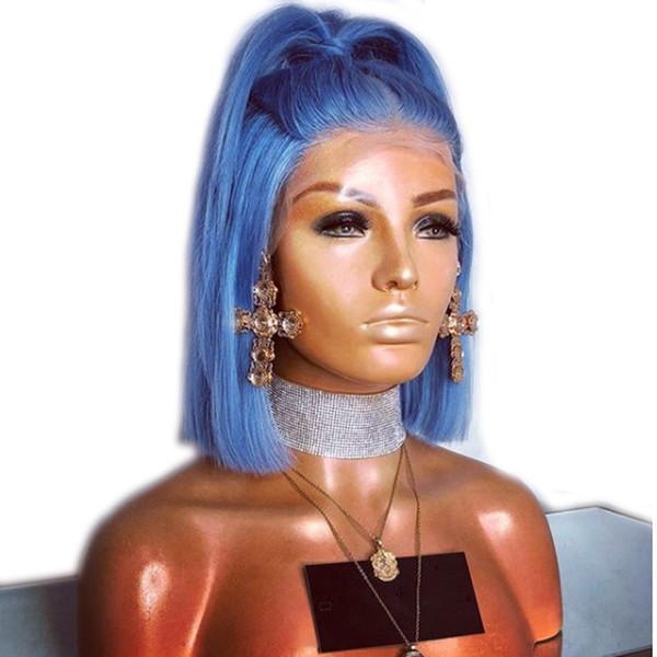 Blue Wig Synthetic Short Bob Body Wave Heat Resistant Synthetic 180 Density Glueless Blue Lace Front Wig With Baby Hair