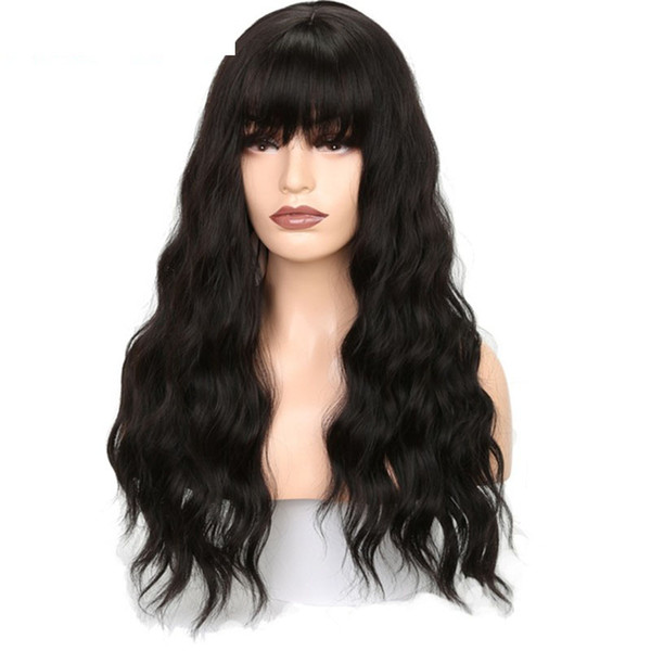 Long Wavy Wigs For Black Women African American Long Black Body Wave Synthetic Lace Front Wigs With Bangs Heat Resistant