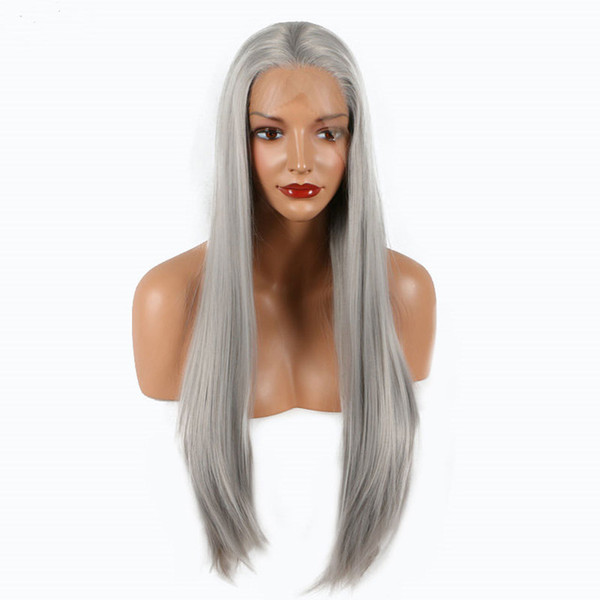 Silver Grey Straight Synthetic Lace Front Wig Heat Resistant Middle Part For Women Natural Density 18-26 Inch