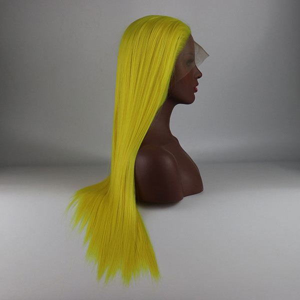 Long Straight Wigs Cheap Yellow Color Free Part Natural Straight Hand Tied Heat Resistant Hair Synthetic Lace Front Wig For Cosplay