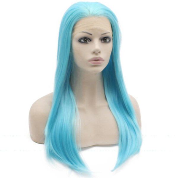 Blue Lace Front Wig Side Part High Temperature Long Straight Light Blue Synthetic Hair Wigs For Women