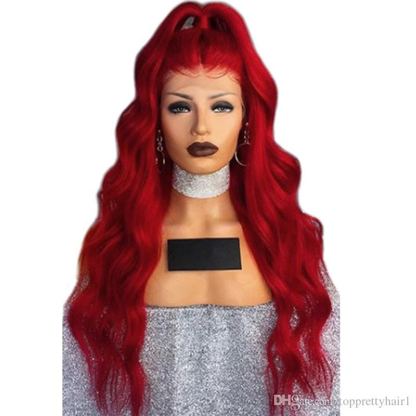 Red Synthetic Lace Wig Body Wave High Temperature Glueless Long Body Wave Heat Resisitant Fiber Color Red Synthetic Hair Lace Front Wigs