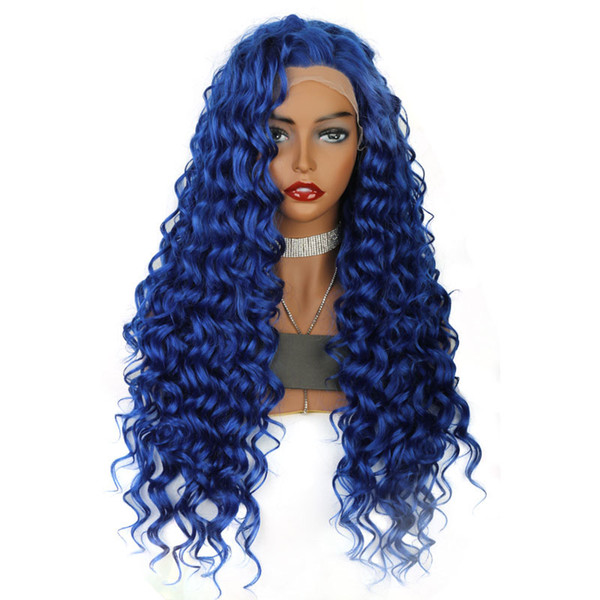 Long Curly Blue Wig Synthetic Color Light Lace Natural Hair Frontal Free Parting Synthetic Lace Front Wig For White Women