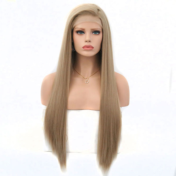 Long Silky Straight Synthetic Lace Front Wigs Light Brown Blonde Heat Resistant Fiber Hair for White Women