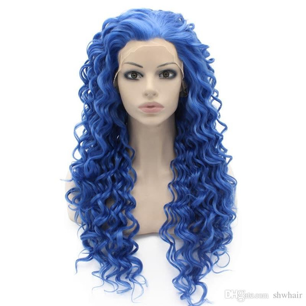 Synthetic Lace Front Wigs Curly Blue Color Heat Resistant Glueless Long Curly Blue Wig Synthetic Lacefront For Black Women