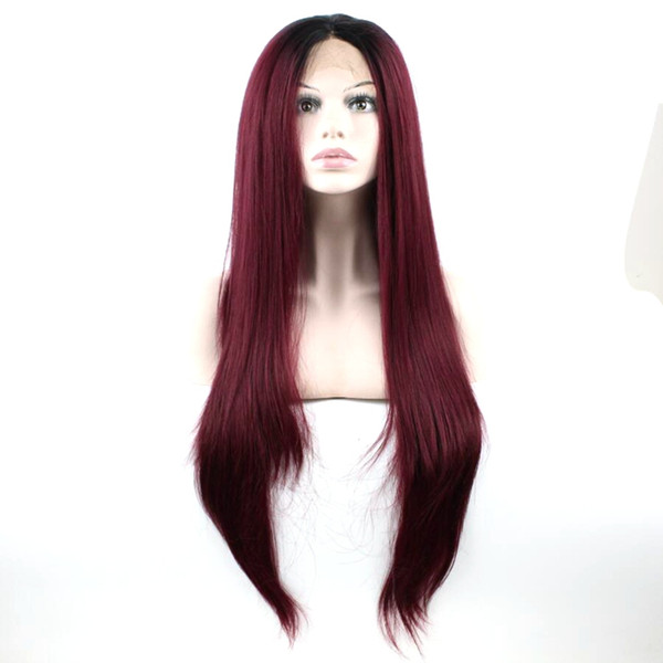 Burgundy Lace Front Wigs Ombre Synthetic Long Straight Black Roots Burgundy Hair Synthetic Wigs For White Women Middle Part