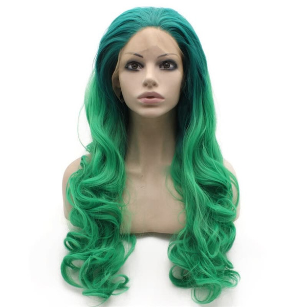 Synthetic Lace Front Wigs With Baby Hair Long Wavy Ombre Two Tone Green Glueless Synthetic Hair Lacefront Wig For Women