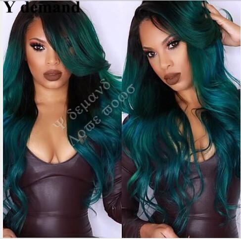 Synthetic Lace Front Wig Long Waves Ombre Black Green Brazilian Hair African American Hair Fahion Beautly Wig Y demand