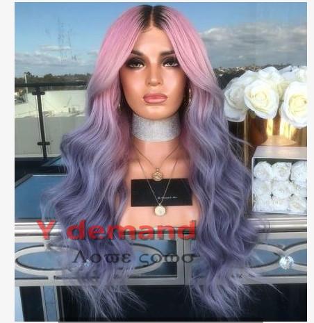 24'' Long Wavy Wig Hairstyle Wigs None Lace Hair Ombre Black Pink Purple Fashion Heat Resistant Synthetic Hair Wig for Women