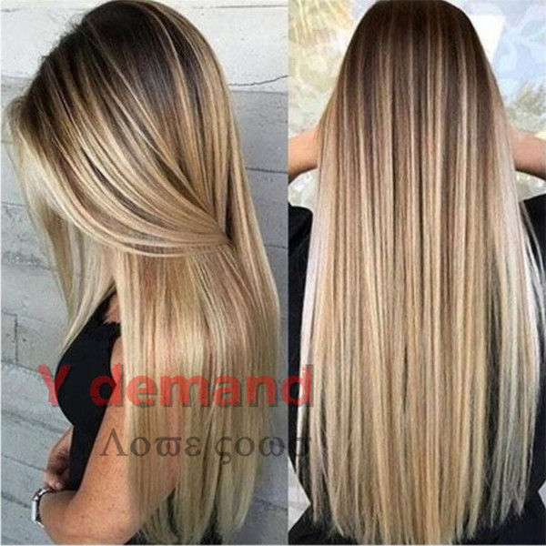 Blonde Straight Long Hair Black Gold Gradient Perfect Hairline Synthetic Wig Ombre Mixed Color Hair Style