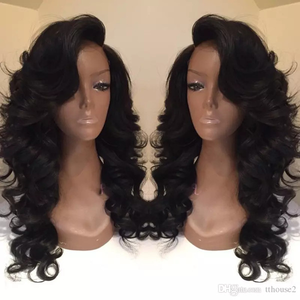 Celebrity style Synthetic wigs loose body wave Hair Wig Natural black 1B color with side bangs pelucas black women full wigs