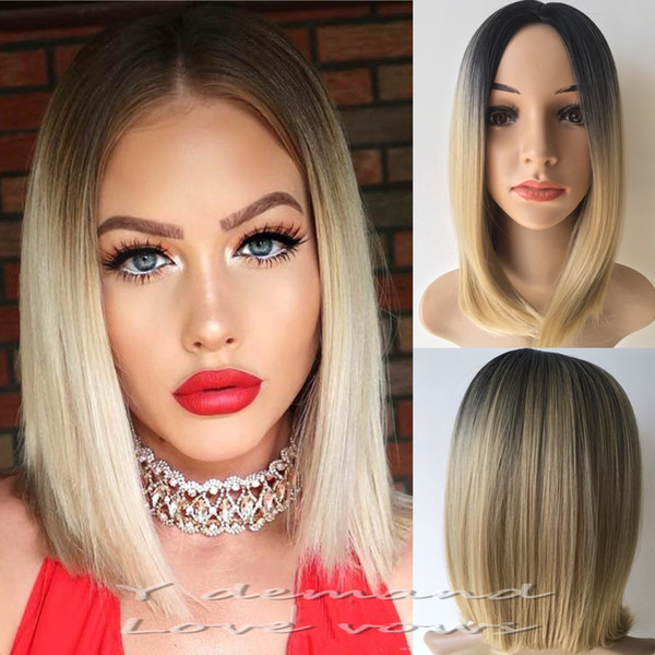 Wholesale Ombre Bob Wigs Two Tone Blonde Short Cut Style Straight Synthetic Hair Wig for Any Skin Color