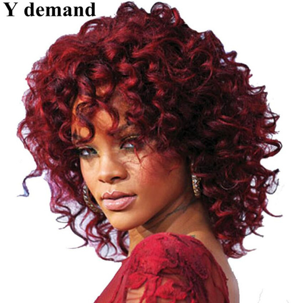 Rihanna Short BOB Wine Red Deep Wave Synthetic Wigs For Black Women Heat Resistant None Lace Hairstyle With Bang In Stock