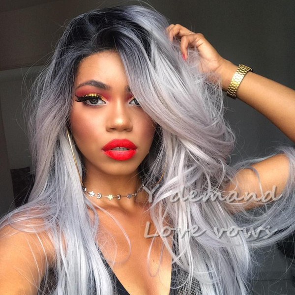 Afro Hair Fashion Long Straight Ombre Grey Black Silky Simulation Like Human Hair Wigs For Black Women In Stock Y demand