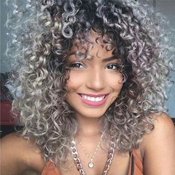 Pixie Cut Wigs Synthetic Hair Women Ombre Short Black Grey Natural None Lace Wigs Kinky Curly Fashion Afro Americain In Stock