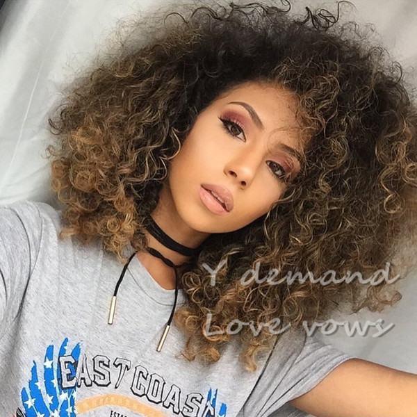 Newest Ombre Short Brown Fluffy Kinky Curly Hair Afro Wig Siulation Brazilian Human Hair Wigs Full Wigs In stock Y demand