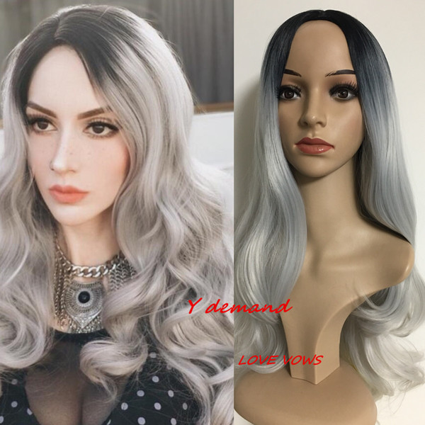 26inch Female Fashion Long Ombre Silver Grey Wavy Wigs Synthetic Wig African American Heat Resistant Synthetic Hair Wigs Afro Peruca