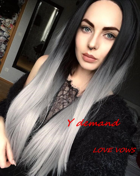 Ombre Grey None Lace Wigs Long Straight Two Tone Color Glueless Like Human Hair Wigs 1B T Grey Ombre Wigs With Black Roots