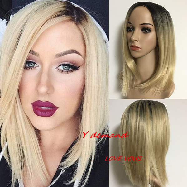 Sexy Short Ombre Blonde Hair Synthetic Straight Wigs Hair With Bangs African American For Black Women In Stock High Temperature Fiber