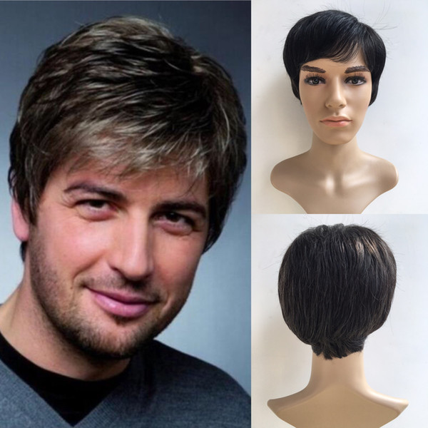 Fashion Handsome Short Grey Men's Wig Synthetic Hair Father Gifts Straight Wig None Lace Wig Y demand