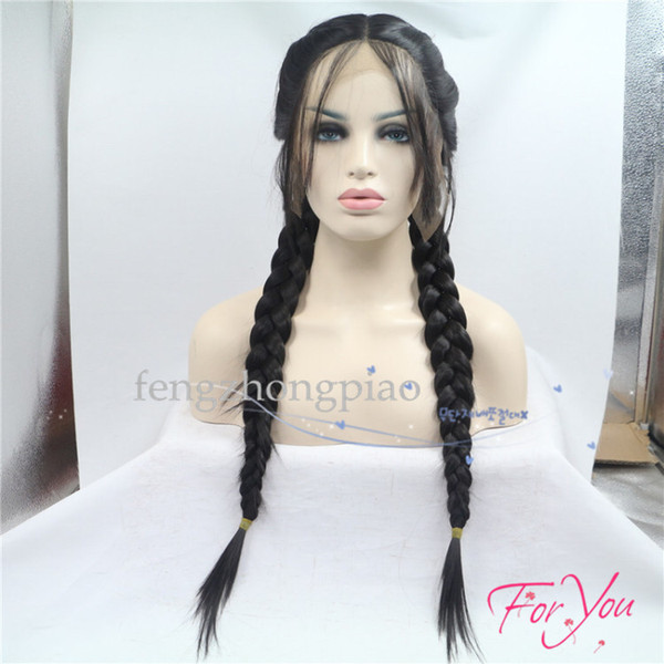 Black Braid Wig Long Lace Front Wig 26 inch 2 Colors 360G Braided Wigs Curly Double Ponytail Fiber Synthetic Wigs Afro With Baby Hair