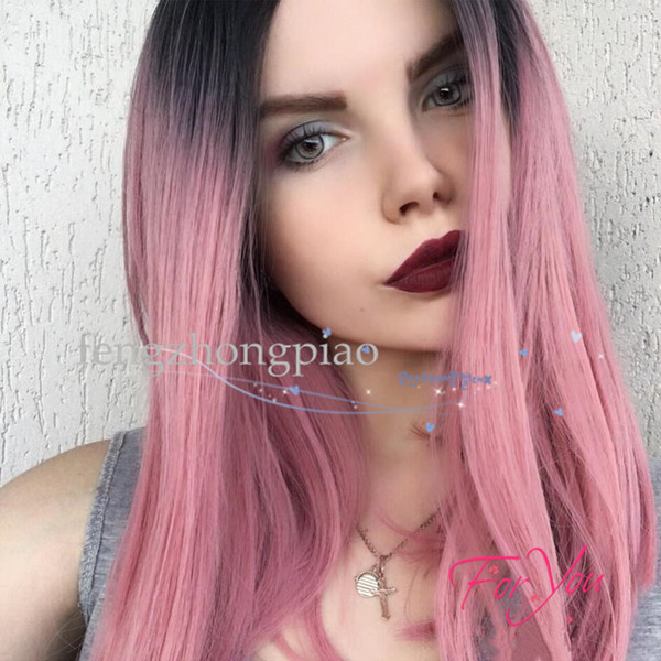 New Cosplay Wig Ombre Pink Color Short Straight Wig Sexy Fiber Hair Heat Resistant Gluelese Synthetic None Lace Wigs for Black Women