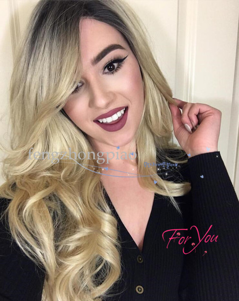 Feng Zhong Piao Women Fashion Wigs Ombre Dark Roots 27/613 Blond Long Curly Wavy Wigs Heat Resistant Synthetic