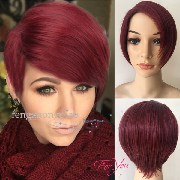 Feng Zhong Piao Pixie Cut Burgundy Natural Wigs Short Straight Similar Human Hair Wigs For Black Women Full Wigs For African