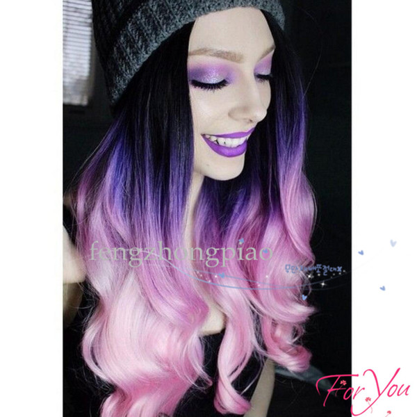 Dark Roots Pink body wave synthetic lace front wig high quality ombre Black / Purple / Pink Heat resistant fiber hair women wigs