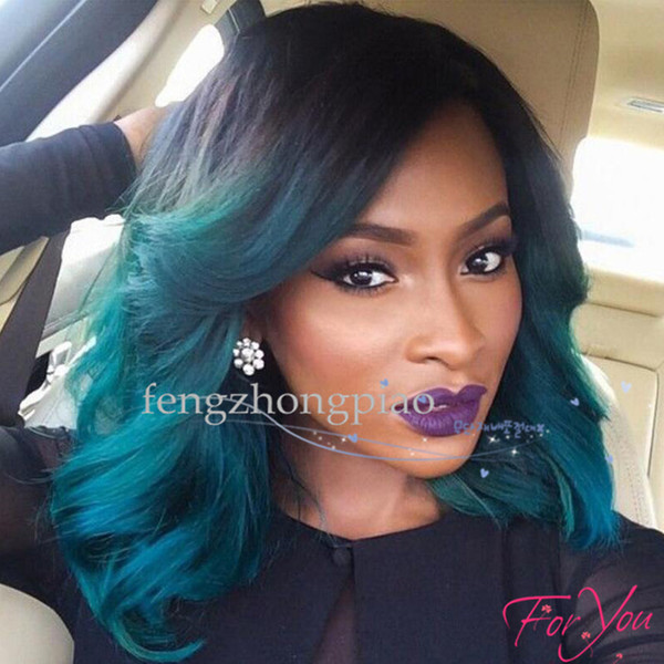 Feng Zhong Piao Sexy Ombre 1b/blue# Short Body Wavy Lace Wigs Heat Resistant Synthetic Lace Front Wigs for Black Women