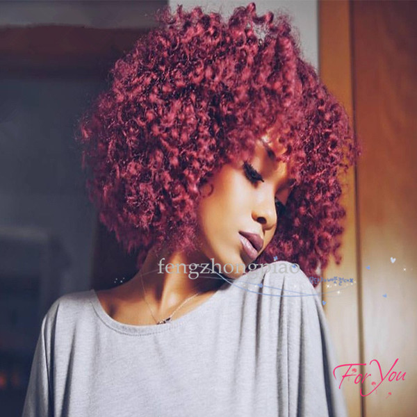 Feng Zhong Piao Short Curly Wigs With Bangs Wine Red Color afro Hair Synthetic Pixie Cut Wigs For Black Women