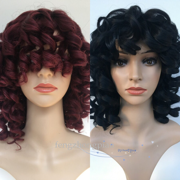 Short Black / red Curly WIG Synthetic Hair For Black Women Daily Costume Cosplay Wigs with Bangs Wholesale African American Wigs with Cap